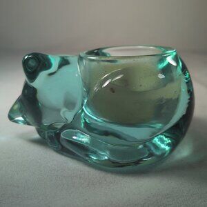 Vintage Indiana Glass Teal Green Glass Kitty Cat Tealight Votive Candle Holder